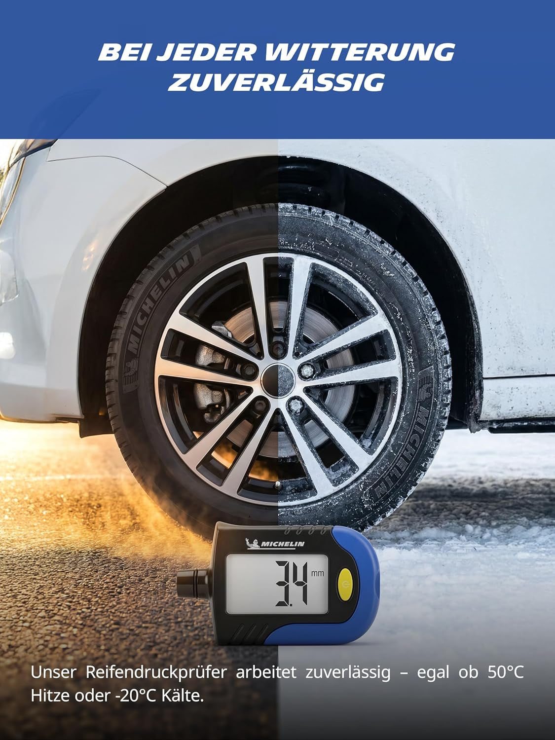 MICHELIN Reifendruckprüfer Digital Luftdruckprüfer Mit Profiltiefenmesser Präzise Reifen Druck Messen Auto Motorrad Fahrrad Wohnmobil Wohnwagen Kompakt Reifenprofilmesser