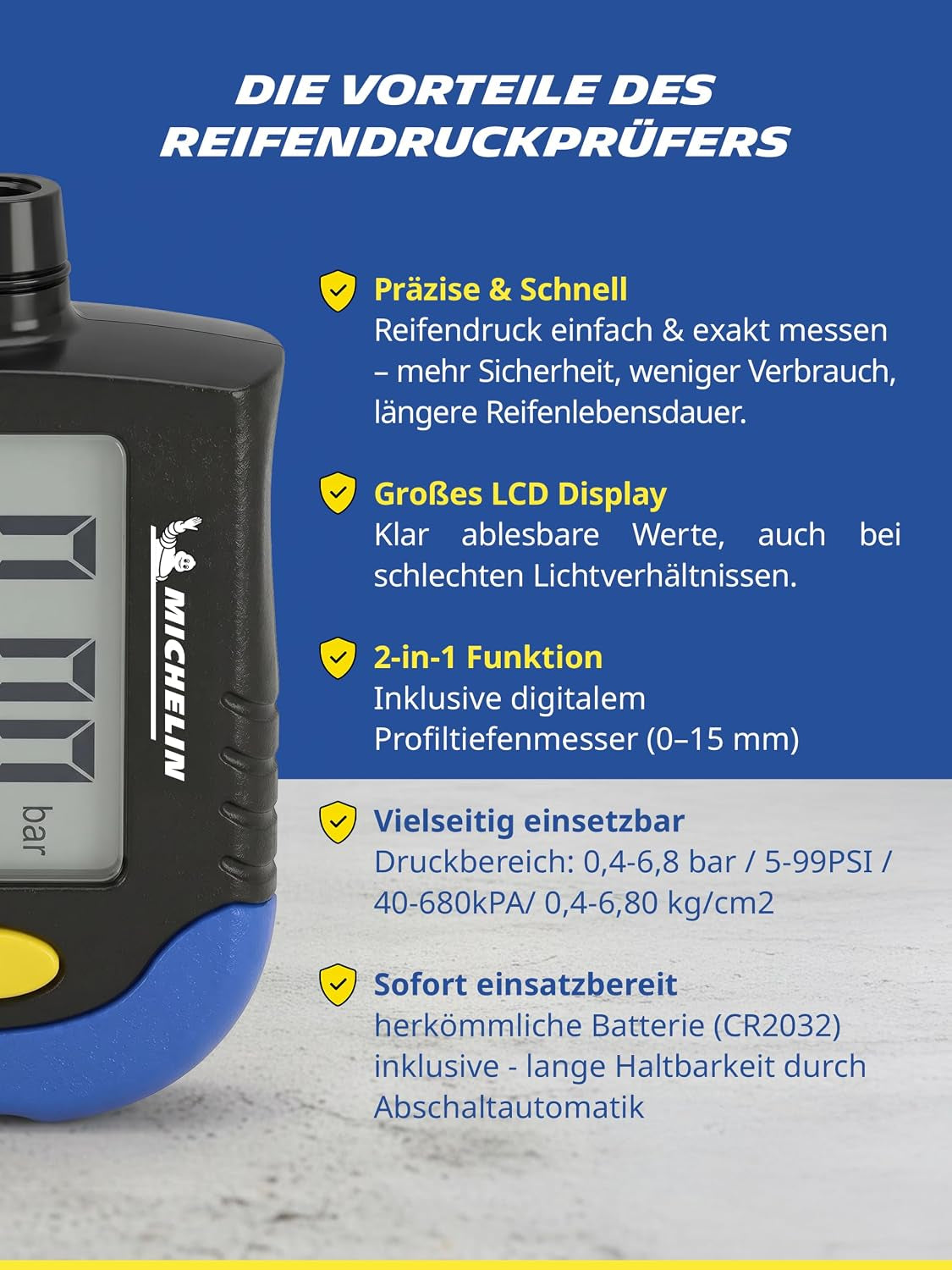 MICHELIN Reifendruckprüfer Digital Luftdruckprüfer Mit Profiltiefenmesser Präzise Reifen Druck Messen Auto Motorrad Fahrrad Wohnmobil Wohnwagen Kompakt Reifenprofilmesser