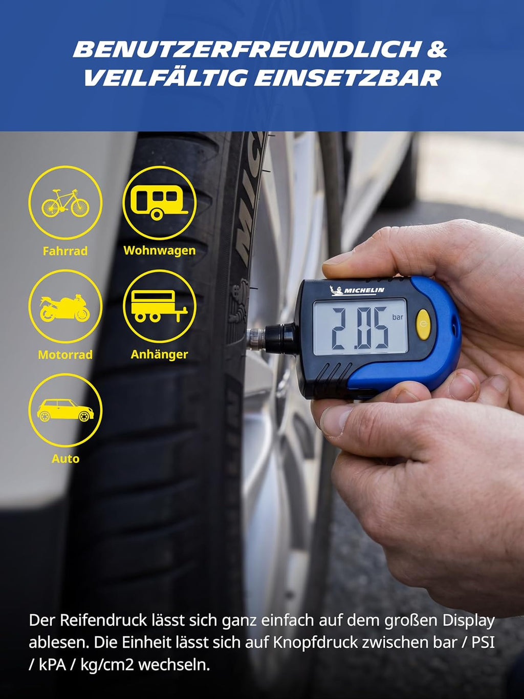 MICHELIN Reifendruckprüfer Digital Luftdruckprüfer Mit Profiltiefenmesser Präzise Reifen Druck Messen Auto Motorrad Fahrrad Wohnmobil Wohnwagen Kompakt Reifenprofilmesser