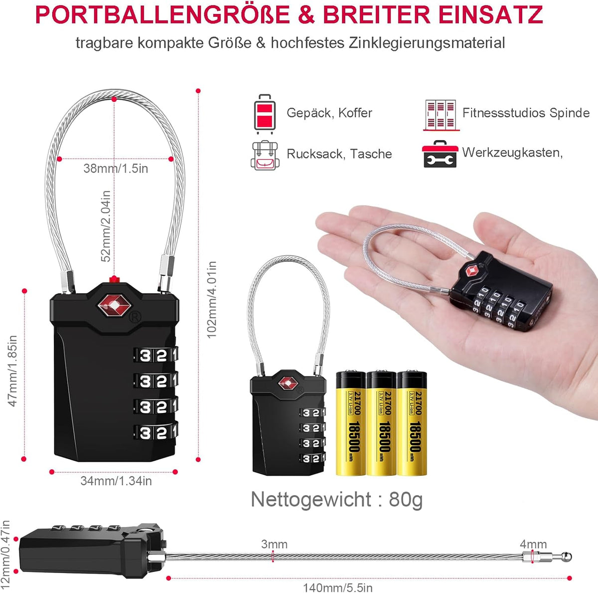 ZHEGE TSA Gepäckschloss, TSA Zahlenschloss Vorhängeschloss (2, Schwarz)