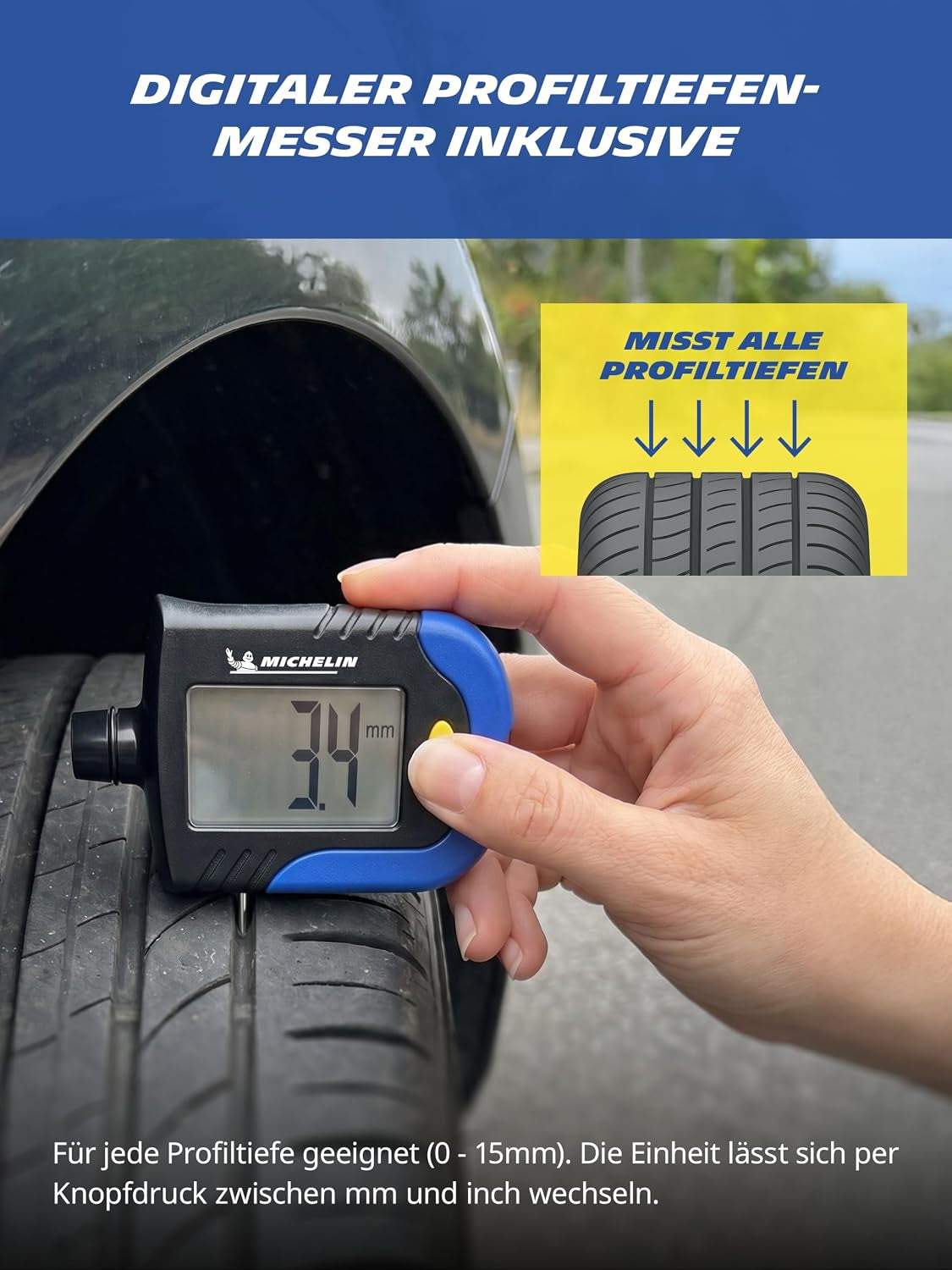 MICHELIN Reifendruckprüfer Digital Luftdruckprüfer Mit Profiltiefenmesser Präzise Reifen Druck Messen Auto Motorrad Fahrrad Wohnmobil Wohnwagen Kompakt Reifenprofilmesser