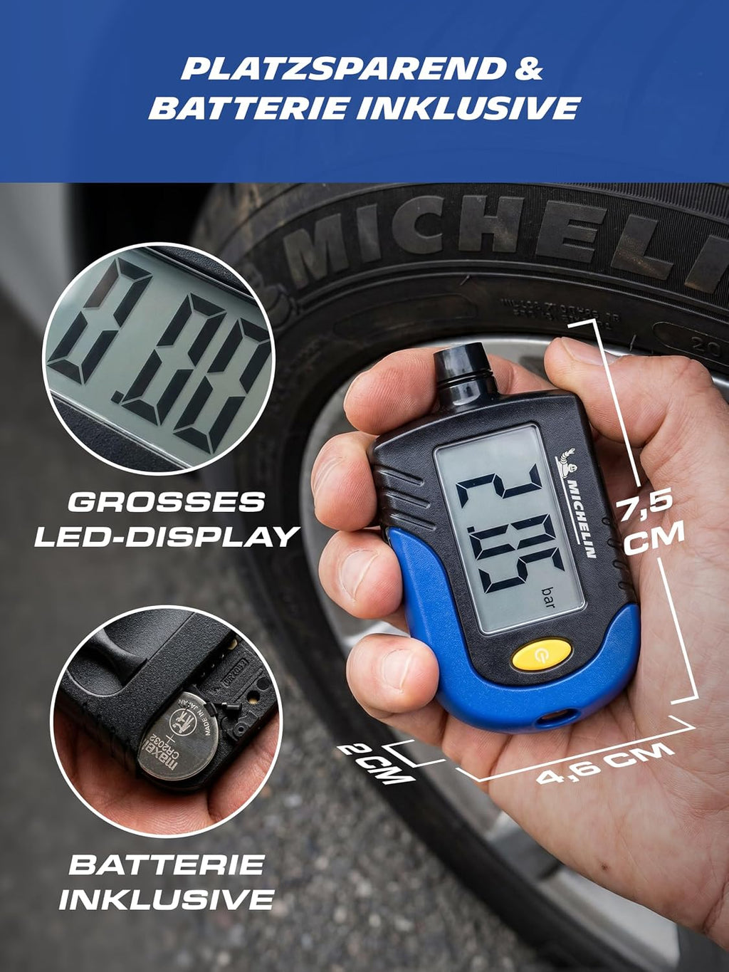MICHELIN Reifendruckprüfer Digital Luftdruckprüfer Mit Profiltiefenmesser Präzise Reifen Druck Messen Auto Motorrad Fahrrad Wohnmobil Wohnwagen Kompakt Reifenprofilmesser