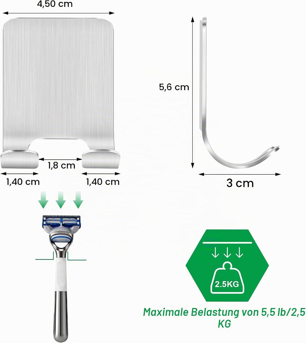 2 Stück Rasierer Halterung Dusche, Haken Selbstklebend Rasierhalter Dusche Edelstahl Klebehaken, Handtuchhaken Ohne Bohren, Badezimmer Haken Wandhaken Silber