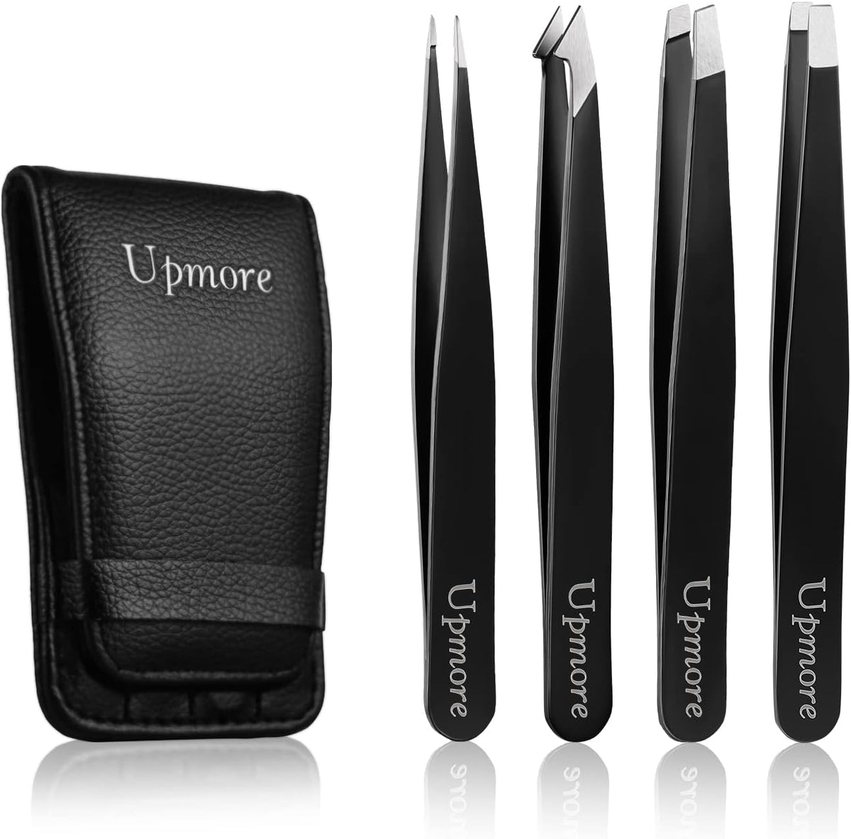 Upmore 4-Piece Stainless Steel Tweezers Set - Black Eyebrow Tweezers with Scissors, Straight and Slanted Tips, Splinter and Precision Tweezers for Both Women and Men