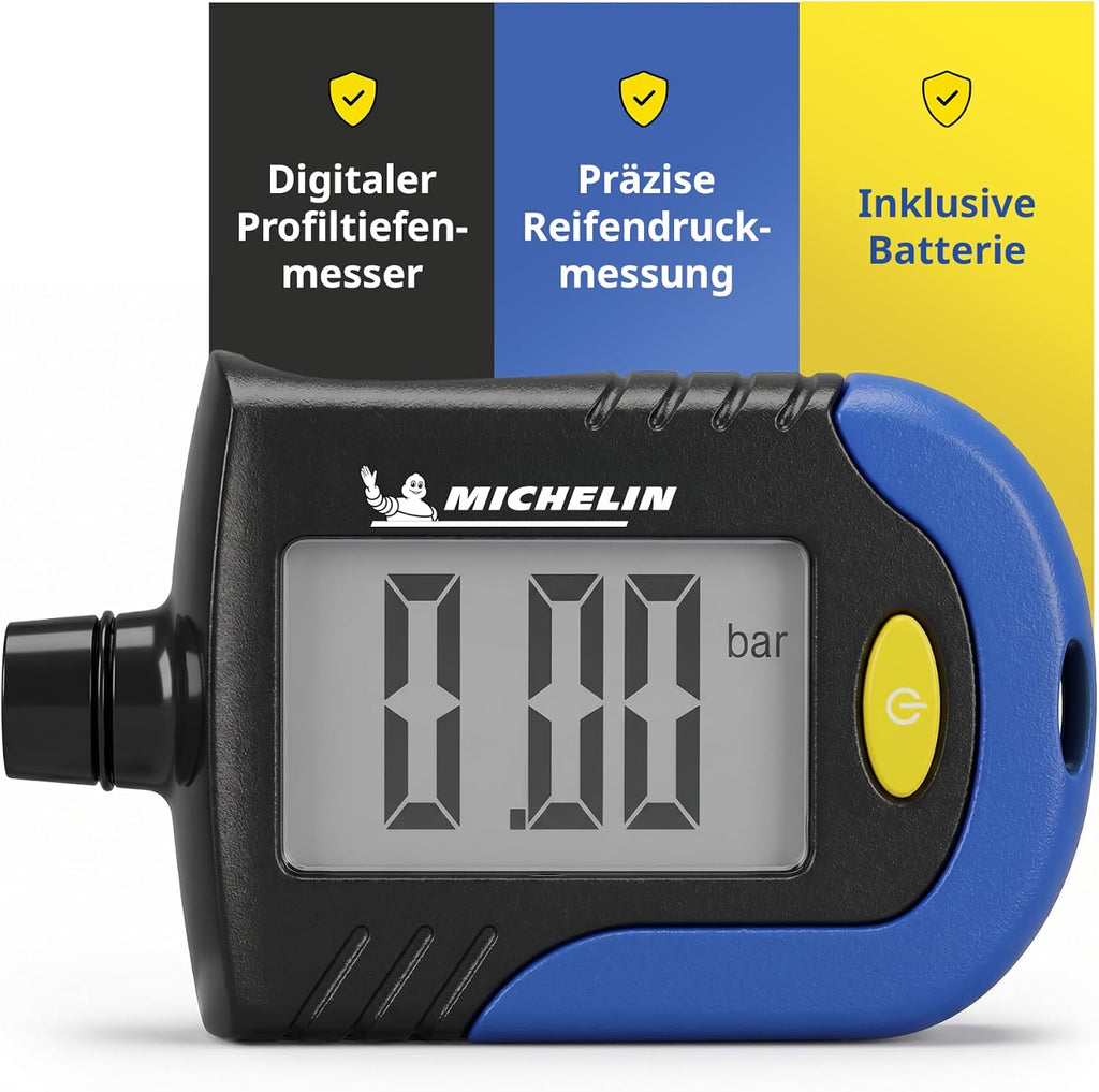MICHELIN Reifendruckprüfer Digital Luftdruckprüfer Mit Profiltiefenmesser Präzise Reifen Druck Messen Auto Motorrad Fahrrad Wohnmobil Wohnwagen Kompakt Reifenprofilmesser