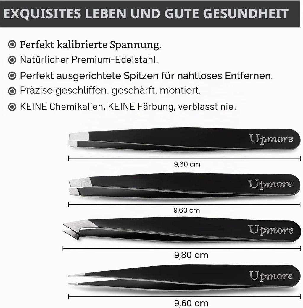 Upmore 4-Piece Stainless Steel Tweezers Set - Black Eyebrow Tweezers with Scissors, Straight and Slanted Tips, Splinter and Precision Tweezers for Both Women and Men