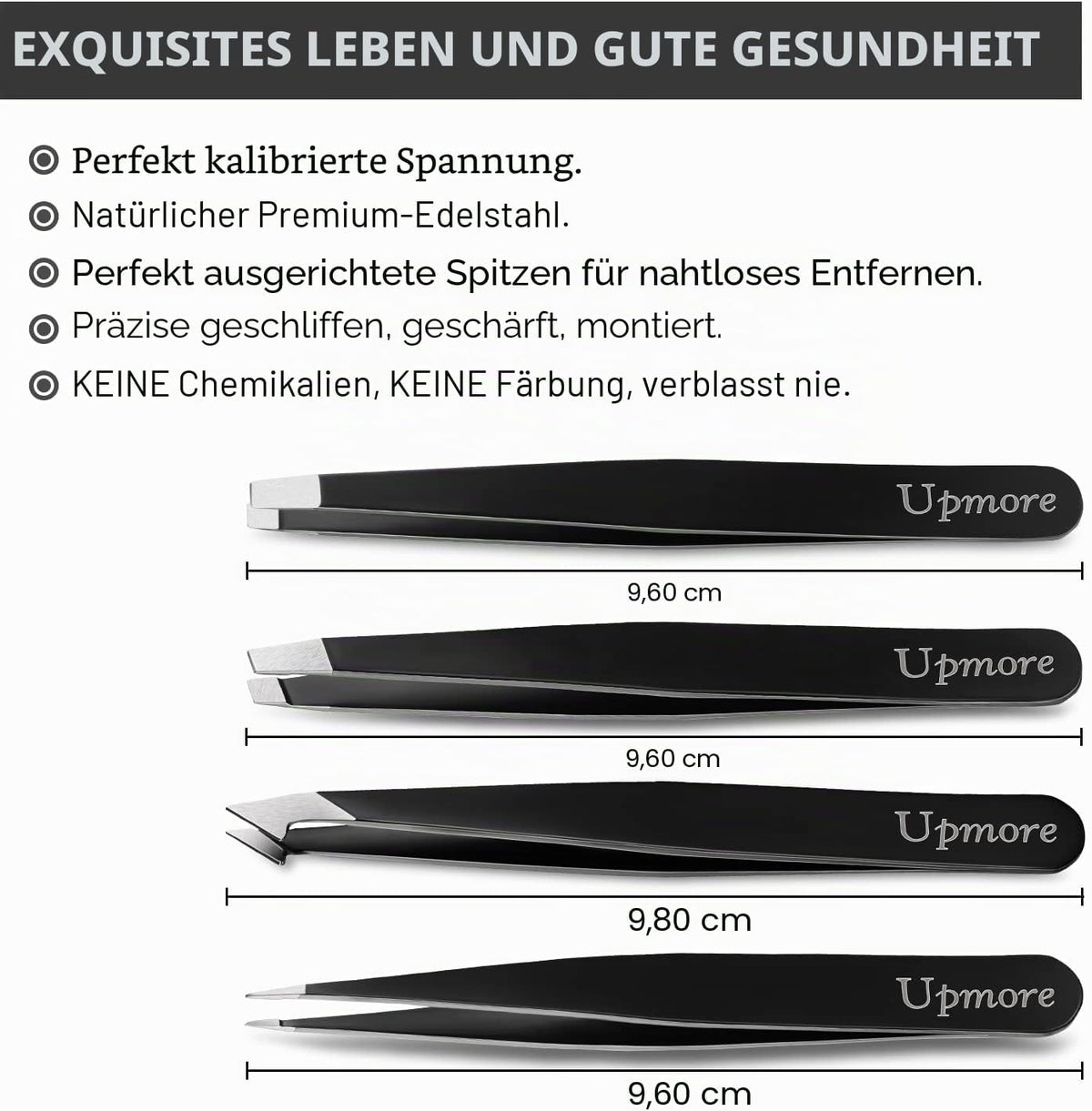 Upmore 4-Piece Stainless Steel Tweezers Set - Black Eyebrow Tweezers with Scissors, Straight and Slanted Tips, Splinter and Precision Tweezers for Both Women and Men