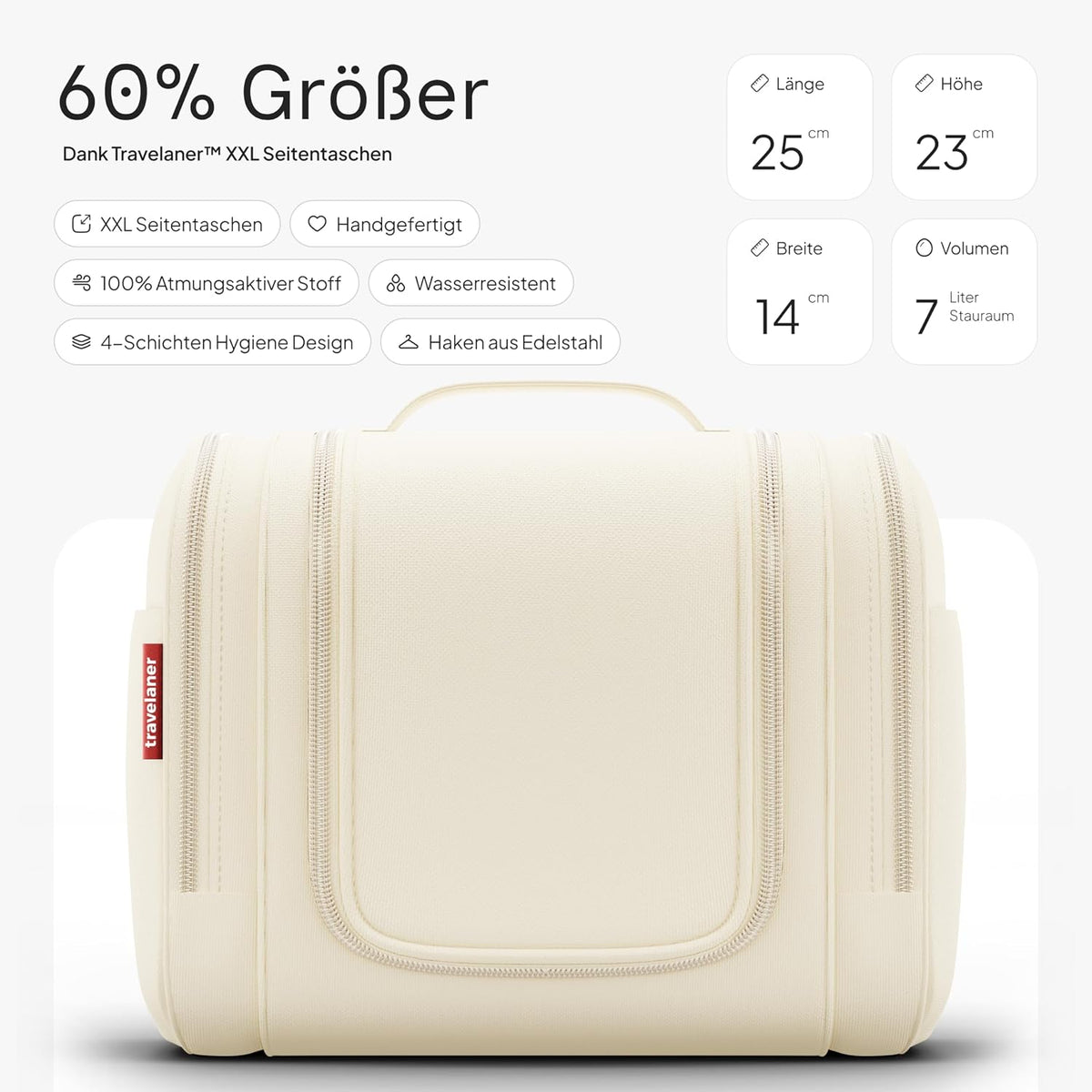Kulturbeutel Zum Aufhängen, Damen/Herren, 7L, Crème-Beige
